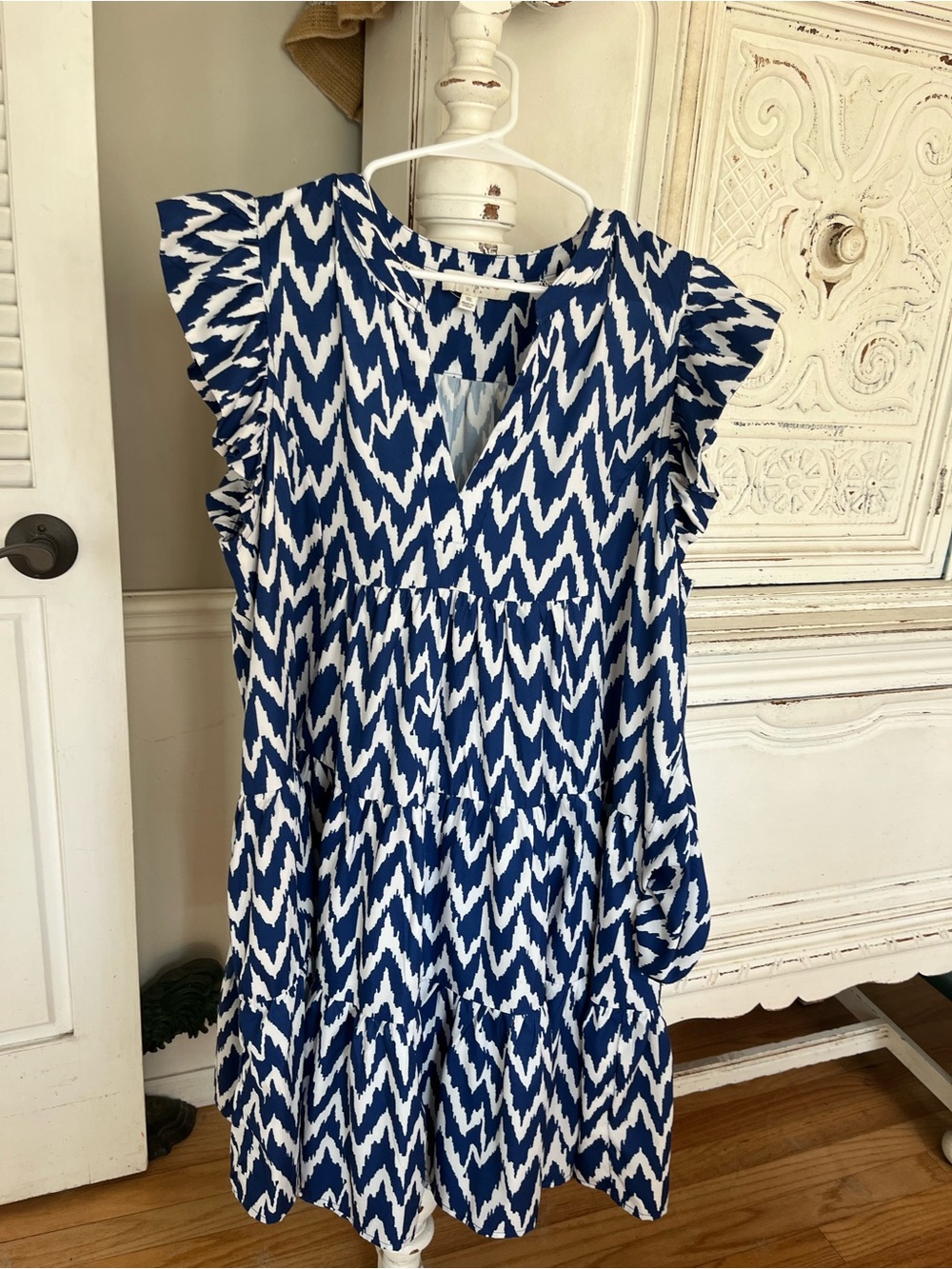 Umgee Blue and White Zigzag Flutter Sleeve Dress